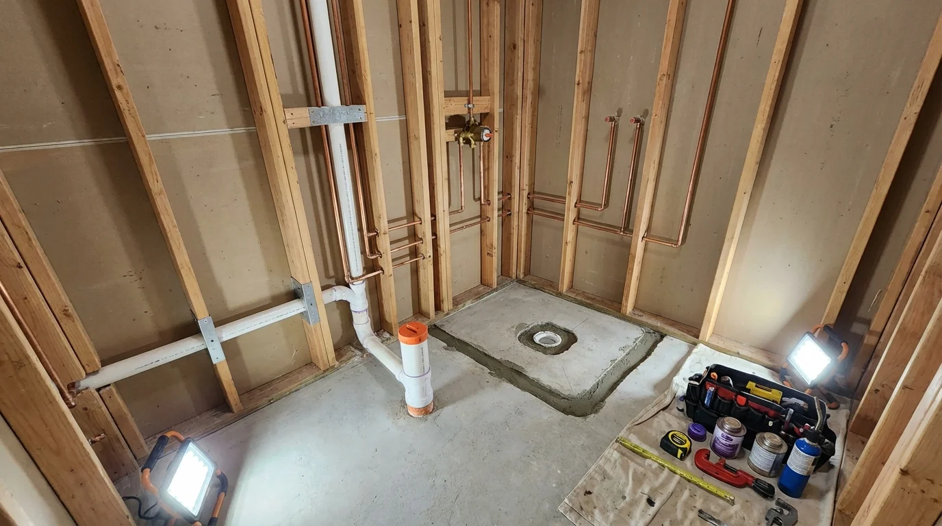 Bathroom rough-in plumbing during remodel by Johns Plumbing LLC in Lacey