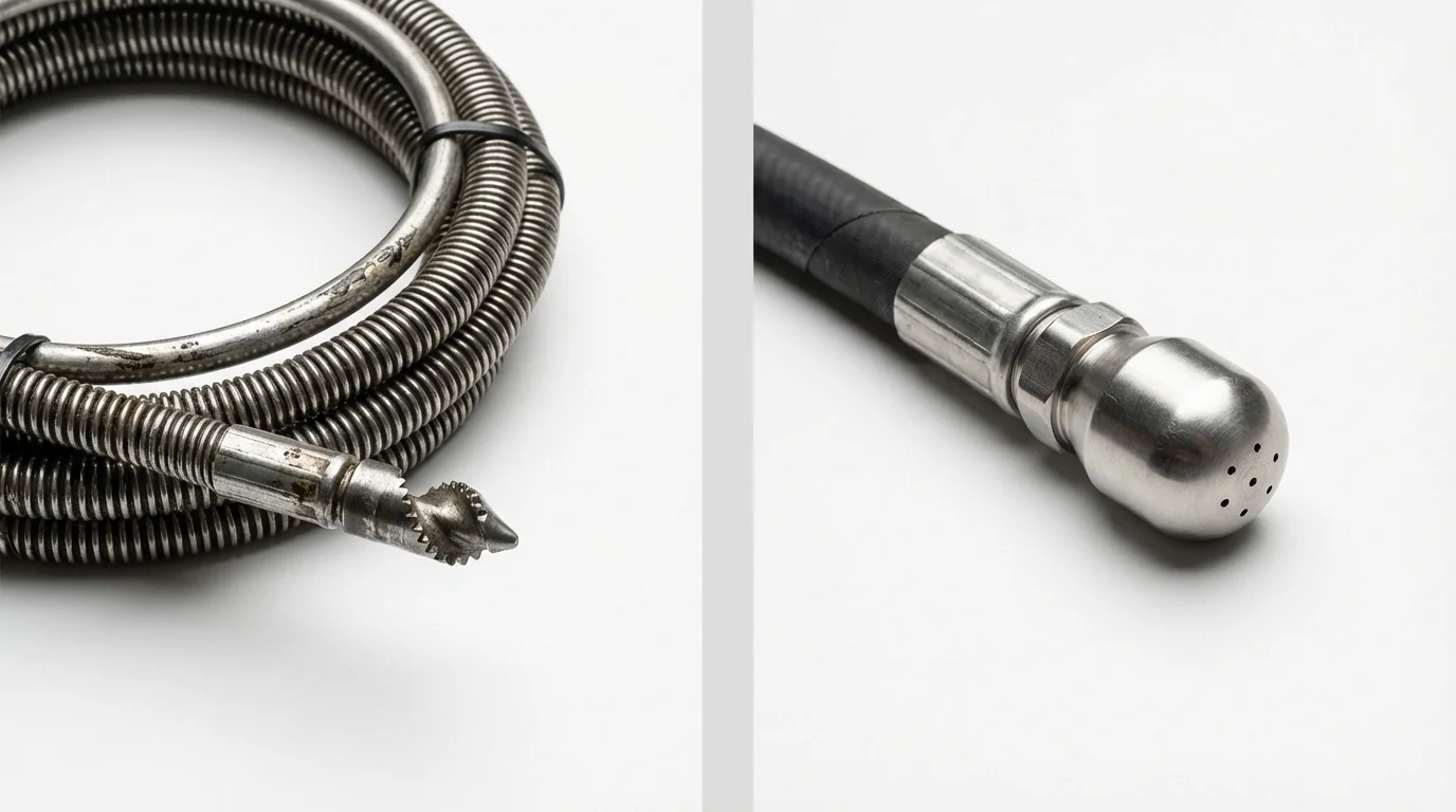 Drain snake cable and hydro jetting nozzle used for drain cleaning in Lacey, WA