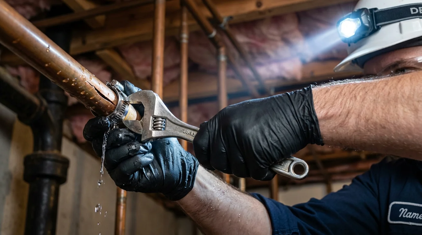 Emergency pipe clamp repair being performed by a Johns Plumbing LLC plumber in Lacey
