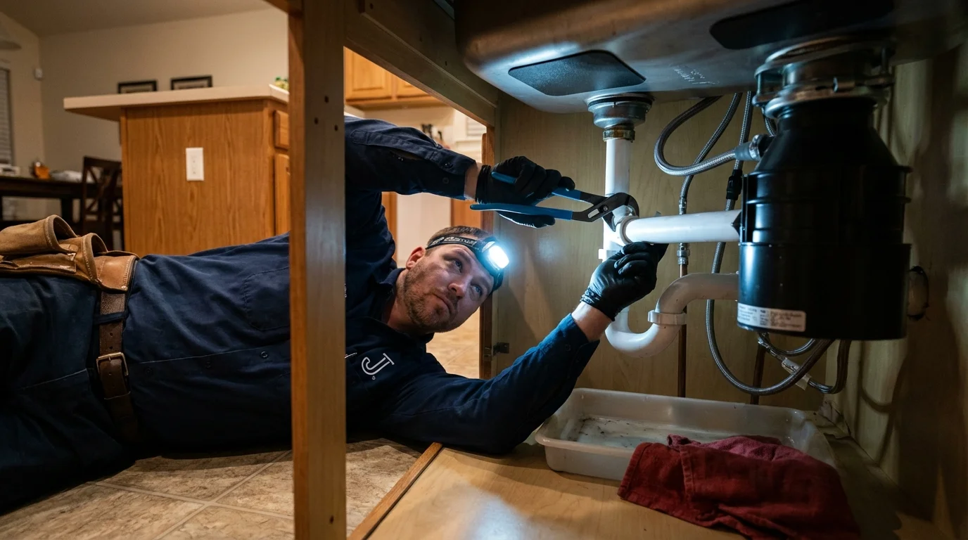 P-trap and supply line connections under a kitchen sink showing a common leak point in Lacey, WA